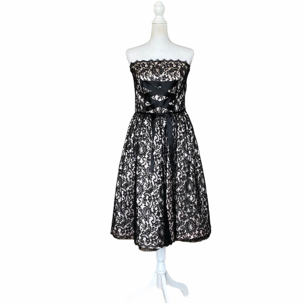 Escada Couture black silk lace strapless dress with corset detail size US 10